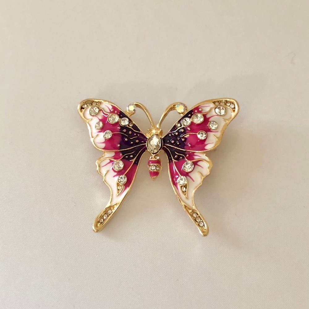 Pink Butterfly Brooch Pin With Crystal Accents